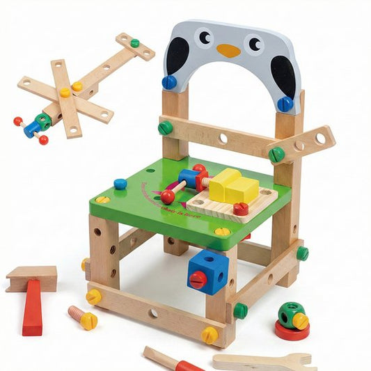 Houten Gereedschapsstoel Pinguïn - 2-in-1 Constructie Speelgoed & Kinderstoeltje - Toolbox Met Hamer, Schroevendraaier & Moersleutel - Gereedschapskoffer - Montessori Werkbank voor Peuters - Educatief cadeau 3+ , 31 x 8.5 x 25.7