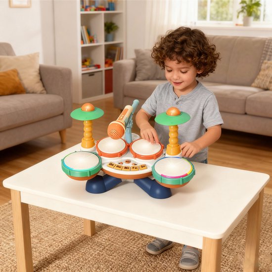 Interactief Baby Drumstel & Muziekinstrument - 3-in-1 Speelgoed met Piano, Microfoon en Licht & Geluid - Educatief Muziek Speelgoed voor Peuter - Verjaardag Cadeau voor Jongens & Meisjes 1 Jaar+