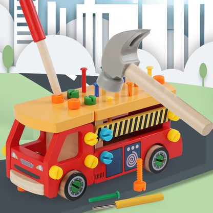 Montessori Tool Trolley Truck – Dismountable Workbench Car – Wooden Construction Toy with PVC Hammer, Nails and Screws, Educational Toy for Fine Motor Skills, Tool Trolley & Truck (Ages 3+, Hand-Planed + Safe Paint) 