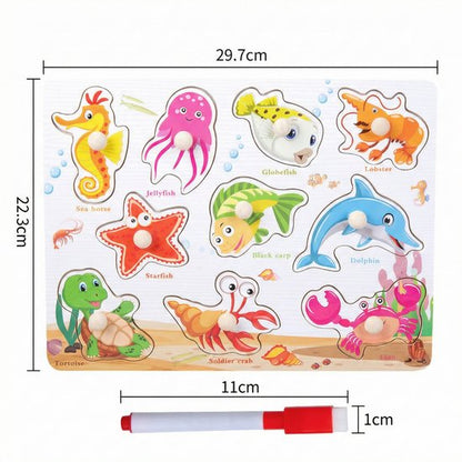 Educatieve Houten Knoppenpuzzel - Zeedieren - 2-in-1 Vormenpuzzel & Whiteboard inclusief Stift - Montessori Speelgoed voor Peuters - Blokpuzzel kind - Educatief Spel voor 3 4 5 6 7 Jaar - Ontwikkeling Fijne Motoriek