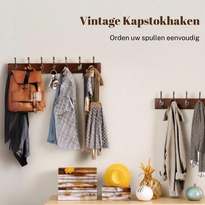 Houten Wandkapstok met 7xDubbele Haak, Wandgarderobe 70 cm Walnoot Massief Hout- Schroefvrije Montage, 25kg Draagvermogen, Aluminium Antiroest (Montagekit) - voor Badkamer/Deur/Garderobe