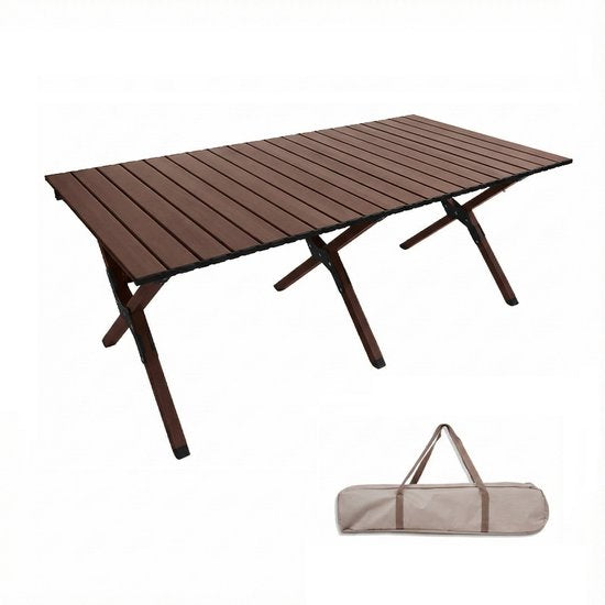 Aluminium Campingtafel 120 cm - Lichtgewicht Roltafel met Houtlook - Opvouwbaar & Compact voor 4-6 Personen - Belastbaar tot 100KG - Opvouwbare tafel Inclusief Draagtas voor Picknick & Tuin - 120x60x45cm - Bruin