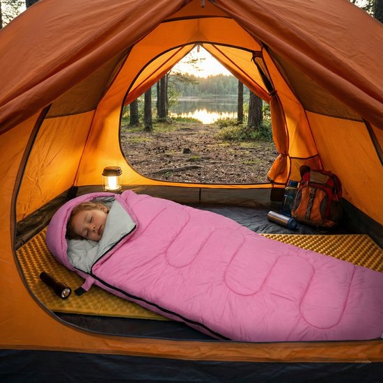 Lichtgewicht Slaapzak 1kg voor Kinderen - Compacte Envelop Slaapzak met Capuchon - 170x70 cm - Waterafstotend 380T Nylon - 4 Seizoenen - Machine Wasbaar - Ideaal voor Kamperen, Logeren & Wandelen - 2×Wegs Rits Inclusief Compressiezak - Roze