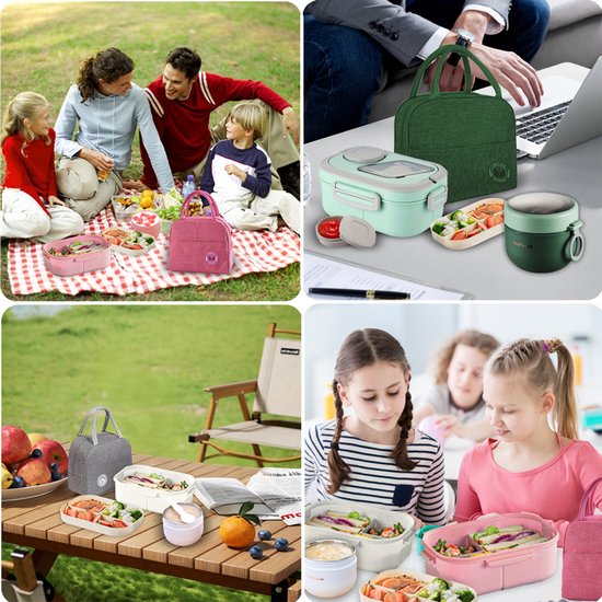 Lunchbox Set 1200+600ml voor Vaatwasser & Magnetronbestendig - Yoghurt en Muesli beker to go - broodtrommel met sausbox ‌en bestek‌ - Lunchpot met Isolerende Draagtas -Bento box voor volwassenen en kinderen‌ - Voor Werk, School, Picnic - Groen