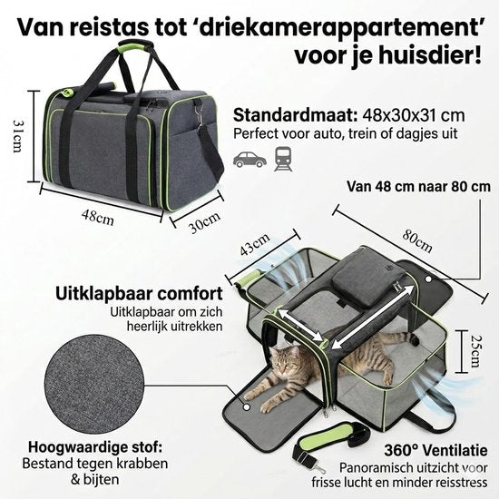 Grote Uitbreidbare Huisdier Reistas - 48x31x80 cm - Draagtas Hond - Draagtas Kat - Kattentas - Draagtas voor Katten & Kleine Honden - Tot 8kg - Opvouwbaar - Ventilerend - Met Bagageband & Schouderband - Met Opbergvakken - Groen