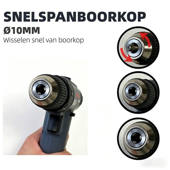 Gevulde Gereedschapskoffer - Accuboormachine Set in Koffer - Complete Gereedschapsset inclusief Handgereedschap en Borenset - 10mm - Type-C Oplaadbaar - Inclusief Schroevendraaiers, Tang en Accessoires - Zwart