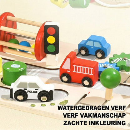 Houten Activity Center Speeltafel - 7-in-1 Educatief Montessori Speelgoed voor Peuters - Fijne Motoriek Training - Verkeer & Auto's Thema - Kralenframe & Vormenstoof - Educatief Activiteitenbord - Kraamcadeau - Baby Busy Board - 12 Maand +