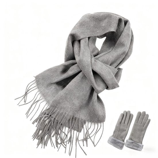 100% Cashmere Sjaal & Handschoenen Set - Winterset met Touchscreen Functie - In Chique Geschenkverpakking - Zacht Kasjmier - Verjaardag Cadeau voor Vrouwen - Grijs