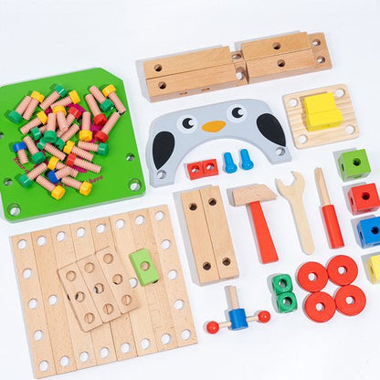 Houten Gereedschapsstoel Pinguïn - 2-in-1 Constructie Speelgoed & Kinderstoeltje - Toolbox Met Hamer, Schroevendraaier & Moersleutel - Gereedschapskoffer - Montessori Werkbank voor Peuters - Educatief cadeau 3+ , 31 x 8.5 x 25.7