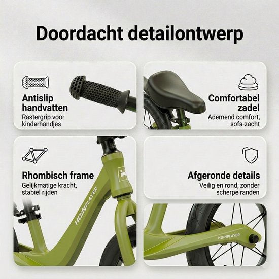 Loopfiets 12 inch met rubberen luchtbanden - Kinderfiets - Lichtgewicht magnesiumframe (0,65 kg) - Inclusief fietspomp - Verstelbaar zadel (31-45 cm) - Totaalgewicht 3,1 kg - Antislip handvatten - Stalen spaken - Voor kinderen vanaf 2 jaar - Groen
