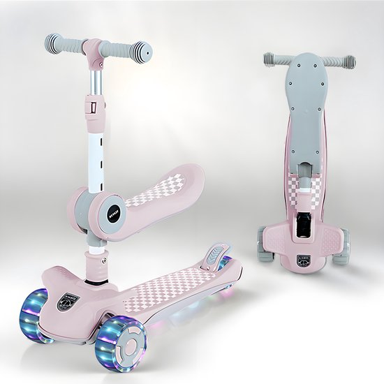Kinderstep 3-in-1: Loopfiets + Driewieler + Step - Eénklaps Vouwbaar (Geen Montage!) - LED Lichtwielen - Verstelbaar 62-80cm - Veilig Laag Zwaartepunt - Geschikt 3-8 Jaar - Draagt 50kg - Zacht Roze