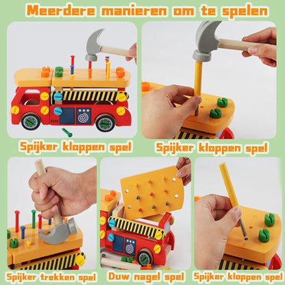Montessori Tool Trolley Truck – Dismountable Workbench Car – Wooden Construction Toy with PVC Hammer, Nails and Screws, Educational Toy for Fine Motor Skills, Tool Trolley & Truck (Ages 3+, Hand-Planed + Safe Paint) 