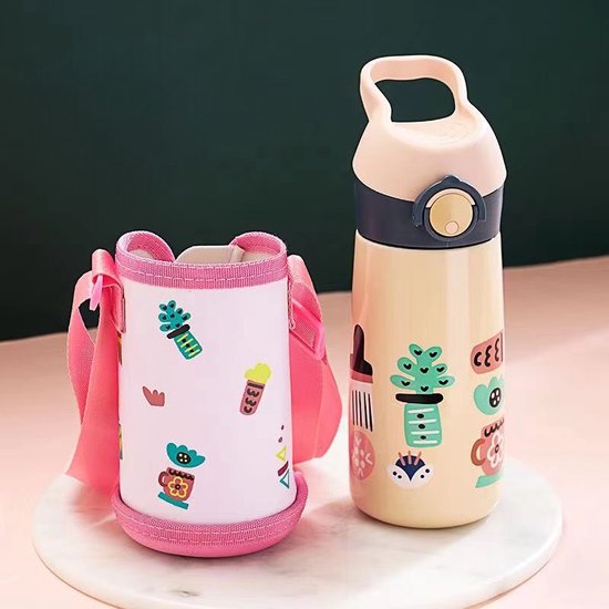 Pop-up drinkfles voor kinderen 450 ml - BPA-vrij - Dubbelwandig RVS (binnenkant 316 / buitenkant 304) - Lekvrij - 24 uur warm & koud - School & sport - Roze