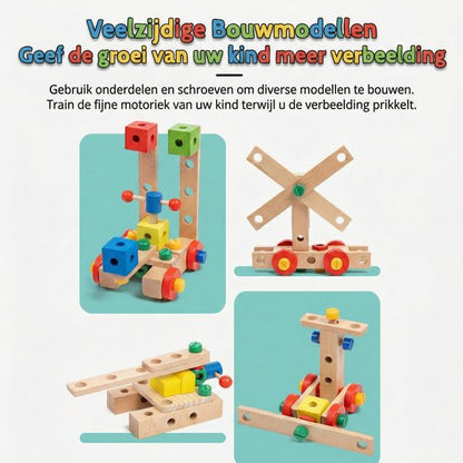 Houten Gereedschapsstoel Pinguïn - 2-in-1 Constructie Speelgoed & Kinderstoeltje - Toolbox Met Hamer, Schroevendraaier & Moersleutel - Gereedschapskoffer - Montessori Werkbank voor Peuters - Educatief cadeau 3+ , 31 x 8.5 x 25.7