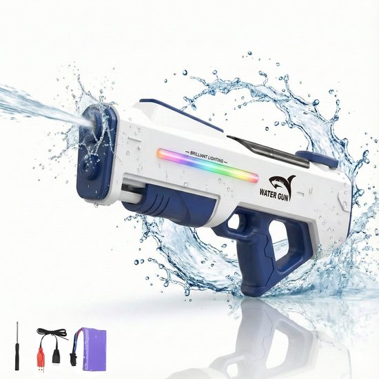 Elektrisch Waterpistool 46cm XL - 7m Bereik - 350ml - Water Pistool met Licht - Automatisch Watergeweer - Super Soaker - Waterspeelgoed - Elektrisch speelgoed - Buitenspeelgoed voor Kinderen & Volwassenen - Inclusief batterij - USB Oplaadbaar - Wit