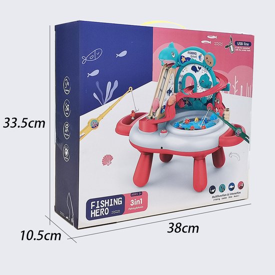 Interactive 3-in-1 Play Table & Fishing Game - Electric Toy with Slide, Music & 2 Fishing Rods - Magnetic Fishing Game for Indoors - Fishing Set Toy - Playset with Fishing Game - Gift for Kids 3 Years, Red 