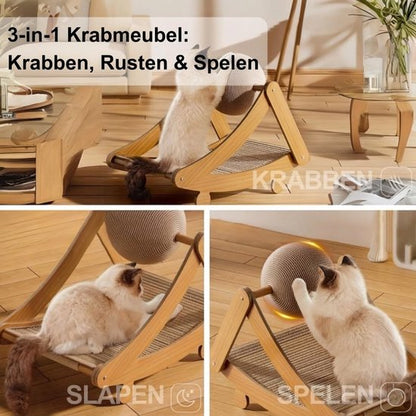 3-in-1 Krabplank voor Katten - Ergonomische Boogvorm Krabpaal met Jute Krabbal - Duurzaam Krabmeubel & Kattenmand - Slapen, Spelen & Krabben - Inclusief Kattenspeelgoed - Stevige Krabmat van Hout & Jute - 55x42x32 cm