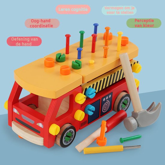Montessori Tool Trolley Truck – Dismountable Workbench Car – Wooden Construction Toy with PVC Hammer, Nails and Screws, Educational Toy for Fine Motor Skills, Tool Trolley & Truck (Ages 3+, Hand-Planed + Safe Paint) 