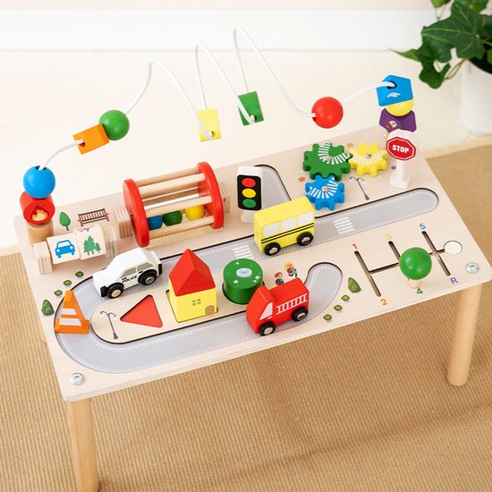 Houten Activity Center Speeltafel - 7-in-1 Educatief Montessori Speelgoed voor Peuters - Fijne Motoriek Training - Verkeer & Auto's Thema - Kralenframe & Vormenstoof - Educatief Activiteitenbord - Kraamcadeau - Baby Busy Board - 12 Maand +