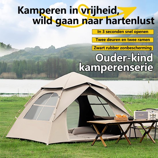 Automatische Pop-up Tent - Vierhoekige Kampeertent voor 2-3 Personen - Waterdicht met Vaste Zonnekap - Inclusief Draagtas - Ideaal voor Gezinscamping en Festivals - Met Zwarte UV-Block Coating - Snelle 3-Seconden Opzet - Kaki