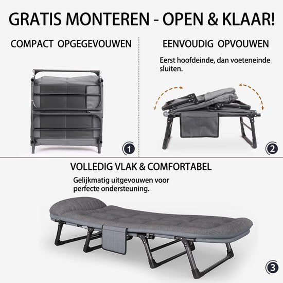 Veldbed - Campingbed - Logeerbed met kussen - Opvouwbaar Kampeerbed - 190x66x30 cm - Strandbed - Versterkt 8-Poots - Met bekerhouder - Met 3x Lendensteun - Stevig Kussen - Inklapbaar - Antraciet/Grijs - Ideaal voor Tuin, Kamperen & Reis