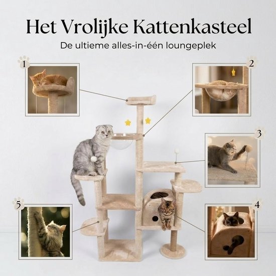 Grote Krabpaal met Ruimtecapsule en Kattenhuis - Krabpalen - Kattenmeubel - 7-Laagse Kattenboom - Natuurlijk Sisal - Extra Stabiel - Milieuvriendelijk Hout - Speelparadijs voor Binnenkatten - Beige