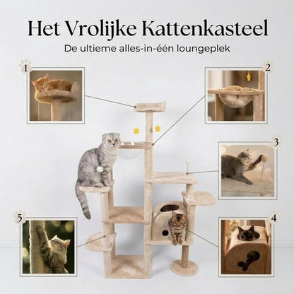 Grote Krabpaal met Ruimtecapsule en Kattenhuis - Krabpalen - Kattenmeubel - 7-Laagse Kattenboom - Natuurlijk Sisal - Extra Stabiel - Milieuvriendelijk Hout - Speelparadijs voor Binnenkatten - Beige