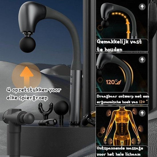 Massage Gun met Verlengd Handvat - Diepe Spiermassage & Percussie Massage - Professioneel Spiermassageapparaat voor Rug, Nek & Schouders - U-vormig & Ergonomisch Design - Draadloos Massagepistool - 4 Opzetstukken - Krachtig Spierherstel & Ontspanning