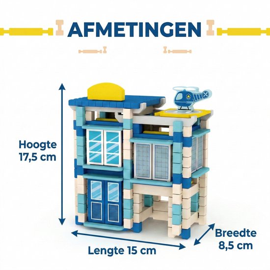 Houten Bouwstenen Set met Pen-en-Gatverbinding - Politiebureau - 3D Puzzel & Constructie Speelgoed - Hout blokjes Peuter Cadeau - Rollenspellen - Bouwblokken - Educatief Montessori Speelgoed voor Kinderen - Vanaf 3 Jaar - Blauw