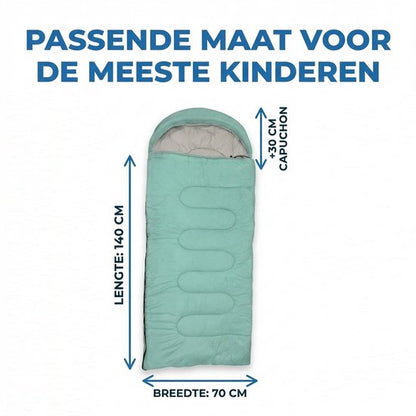 Lichtgewicht Slaapzak 1kg voor Kinderen - Compacte Envelop Slaapzak met Capuchon - 170x70 cm - Waterafstotend 380T Nylon - 4 Seizoenen - Machine Wasbaar - Ideaal voor Kamperen, Logeren & Wandelen - 2×Wegs Rits Inclusief Compressiezak - Muntgroen