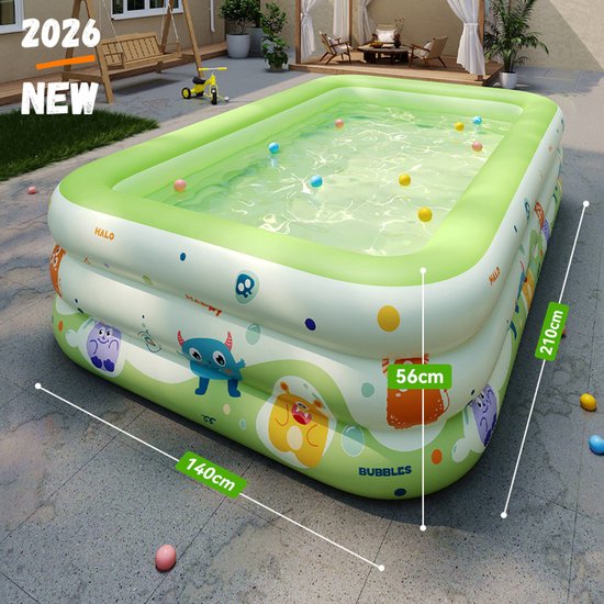 Premium Opblaasbaar Kinderzwembad - 210 x 140 x 56 cm - 3-Laags Verdikt Familiezwembad - Veilig PVC Babybad met Afvoergat - Zomer Waterplezier - Zwembad speelgoed - Buitenspeelgoed inclusief Reparatiesetje