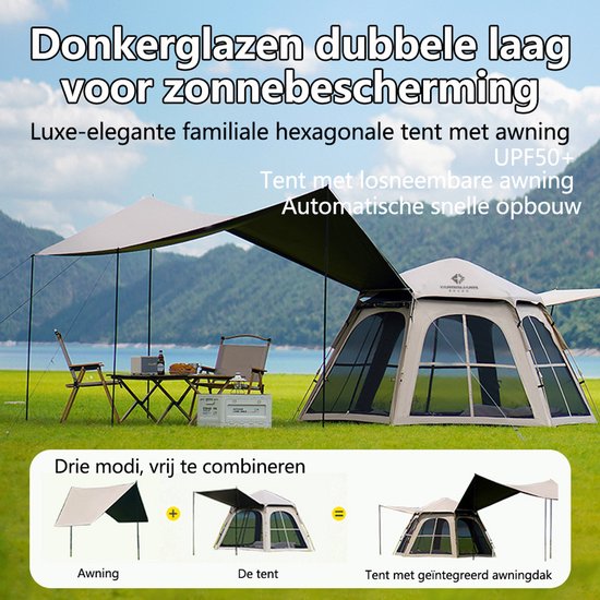 Pop-up Familietent met XXL Zonnescherm - 4-Persoons Koepeltent - Opzetten in 3 Seconden - Inclusief Voorluifel voor Extra Leefruimte - Waterdichte kampeertent - pop up tent voor Kamperen - festival tent + Draagtas - Kaki