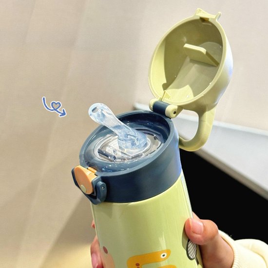 Kinder Thermosfles met Rietje 450ml - 12u Warm & 24u Koud - RVS Drinkfles met Luxe Draagtas - 100% Lekvrij & BPA-vrij - Isoleerfles Schoolbeker - Dubbelwandige Waterfles voor Jongens & Meisjes - Geschikt voor Sport, School & Onderweg - Groen
