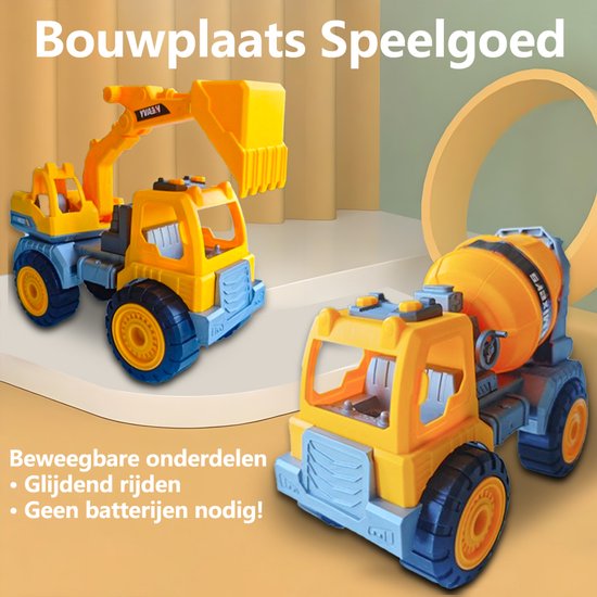 Betonmixer Graafmachine Speelgoed - Bouwvoertuig Speelgoed - Met Draaiende Trommel - Rollenspel Speelgoed voor 3 4 5 Jaar - Zandbak en Buitenspeelgoed