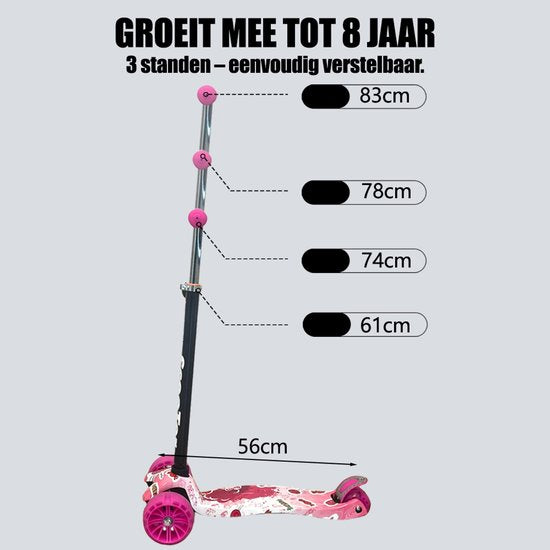 Kinderstep - LED-wielen met flitsende verlichting - Speelgoed voor Meisjes met Lichtgevende - Steps max 50kg - Buitenspeelgoed & Cadeau vanaf 3 Jaar + - hoogte verstelbaar 61-83 cm (3 standen) Roze