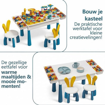 Kindertafel Met 2 Stoel + 4 Bakjes + 156 DIY-Blokken + 148 Schuifblokken - 2-in-1 Bouwtafel & Leertafel - Speeltafel Geschikt voor Duplo® blokken - Blokken Tafel Kinderen - zandtafel - watertafel - Ideaal Cadeau voor Kerst & Verjaardagen - Groen