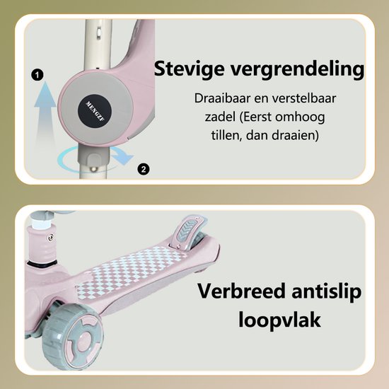 Kinderstep 3-in-1: Loopfiets + Driewieler + Step - Eénklaps Vouwbaar (Geen Montage!) - LED Lichtwielen - Verstelbaar 62-80cm - Veilig Laag Zwaartepunt - Geschikt 3-8 Jaar - Draagt 50kg - Zacht Roze