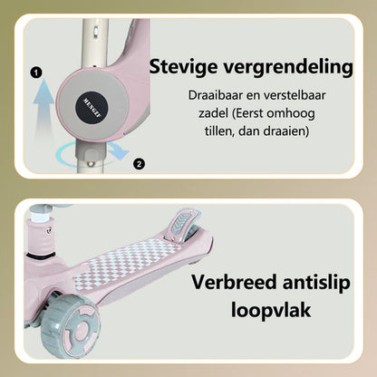 Kinderstep 3-in-1: Loopfiets + Driewieler + Step - Eénklaps Vouwbaar (Geen Montage!) - LED Lichtwielen - Verstelbaar 62-80cm - Veilig Laag Zwaartepunt - Geschikt 3-8 Jaar - Draagt 50kg - Zacht Roze