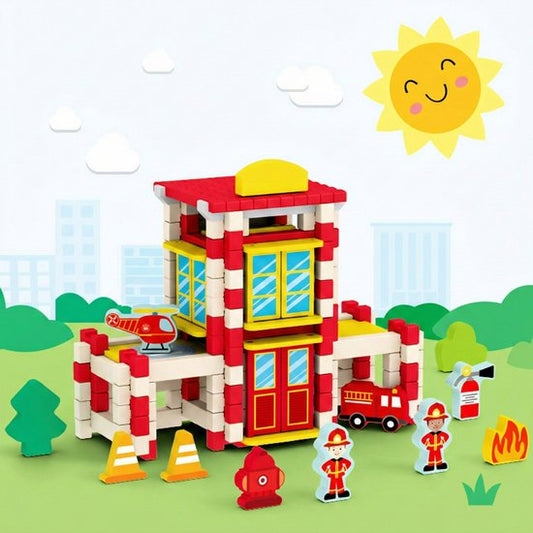 Houten Bouwstenen Set met Pen-en-Gatverbinding - Brandweerkazerne - 3D Puzzel & Constructie Speelgoed - Hout blokjes Peuter Cadeau - Rollenspellen - Bouwblokken - Educatief Montessori Speelgoed voor Kinderen - Vanaf 3 Jaar - Rood