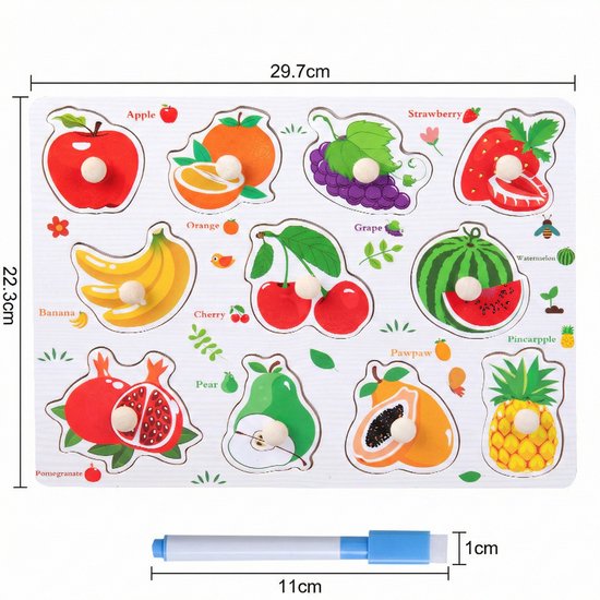 Educatieve Houten Knoppenpuzzel - Fruit - 2-in-1 Vormenpuzzel & Whiteboard inclusief Stift - Montessori Speelgoed voor Peuters - Blokpuzzel kind - Educatief Spel voor 3 4 5 6 7 Jaar - Ontwikkeling Fijne Motoriek