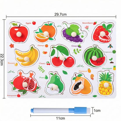 Educatieve Houten Knoppenpuzzel - Fruit - 2-in-1 Vormenpuzzel & Whiteboard inclusief Stift - Montessori Speelgoed voor Peuters - Blokpuzzel kind - Educatief Spel voor 3 4 5 6 7 Jaar - Ontwikkeling Fijne Motoriek