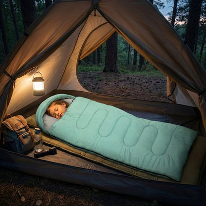 Lichtgewicht Slaapzak 1kg voor Kinderen - Compacte Envelop Slaapzak met Capuchon - 170x70 cm - Waterafstotend 380T Nylon - 4 Seizoenen - Machine Wasbaar - Ideaal voor Kamperen, Logeren & Wandelen - 2×Wegs Rits Inclusief Compressiezak - Muntgroen