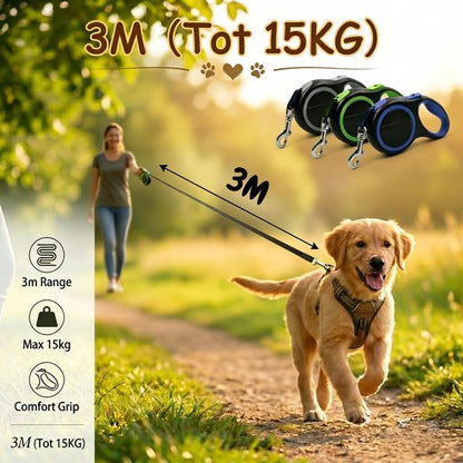 Uitschuifbare Hondenriem 3M (Tot 15KG) - Rollijn Hondenriem - Hondenlijn uittrekbaar - Automatische hondenriem - Rollijn - Anti-klit - Ergonomisch Handvat met Remsysteem - RVS Sluiting - Quick Lock Functie - Groen