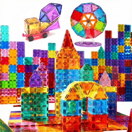 Magnetic Tiles 100 Pieces - Large Size Magnetic Toy Building Blocks with Car & Ferris Wheel - Educational Construction Toy - Magnetic Toys - Montessori 3D Puzzle - Creative Birthday Gift for Boys & Girls 3 Years Kids 