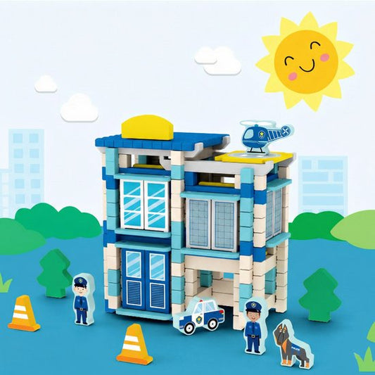 Houten Bouwstenen Set met Pen-en-Gatverbinding - Politiebureau - 3D Puzzel & Constructie Speelgoed - Hout blokjes Peuter Cadeau - Rollenspellen - Bouwblokken - Educatief Montessori Speelgoed voor Kinderen - Vanaf 3 Jaar - Blauw