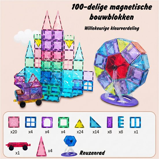 Magnetic Tiles 100 Pieces - Large Size Magnetic Toy Building Blocks with Car & Ferris Wheel - Educational Construction Toy - Magnetic Toys - Montessori 3D Puzzle - Creative Birthday Gift for Boys & Girls 3 Years Kids 