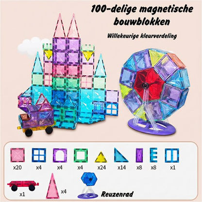 Magnetic Tiles 100 Pieces - Large Size Magnetic Toy Building Blocks with Car & Ferris Wheel - Educational Construction Toy - Magnetic Toys - Montessori 3D Puzzle - Creative Birthday Gift for Boys & Girls 3 Years Kids 