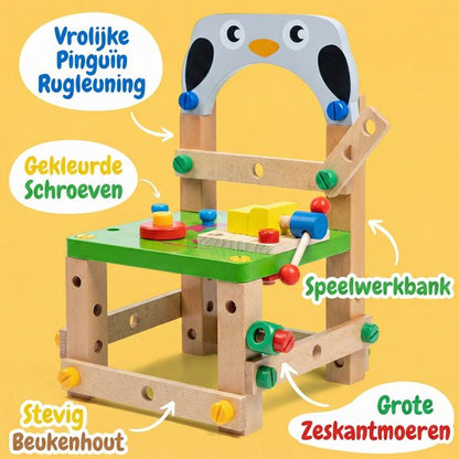 Houten Gereedschapsstoel Pinguïn - 2-in-1 Constructie Speelgoed & Kinderstoeltje - Toolbox Met Hamer, Schroevendraaier & Moersleutel - Gereedschapskoffer - Montessori Werkbank voor Peuters - Educatief cadeau 3+ , 31 x 8.5 x 25.7