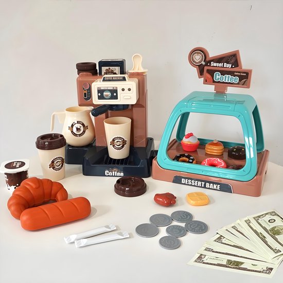 Speelset voor kinderen, 41pcs +, Koffiezetapparaat, Leren en Serveren Koffiemachine, Winkeltje Speelgeld met Licht & Geluid - Educatief Rollenspel - Interactief speelgoed - Keuken & Restaurant Verjaardag Cadeau voor Jongens & Meisjes 3 Jaar