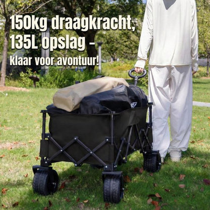 Bolderkar Opvouwbaar 135L - Extra Sterke Bolderwagen tot 150KG - Met Dubbele Rem & Telescopische Trekstang - Compact Inklapbare Strandkar met 360° Wielen - All-Terrain Trekkar voor Camping & Boodschappen - Bolderkarren Inclusief opbergtas - Zwart